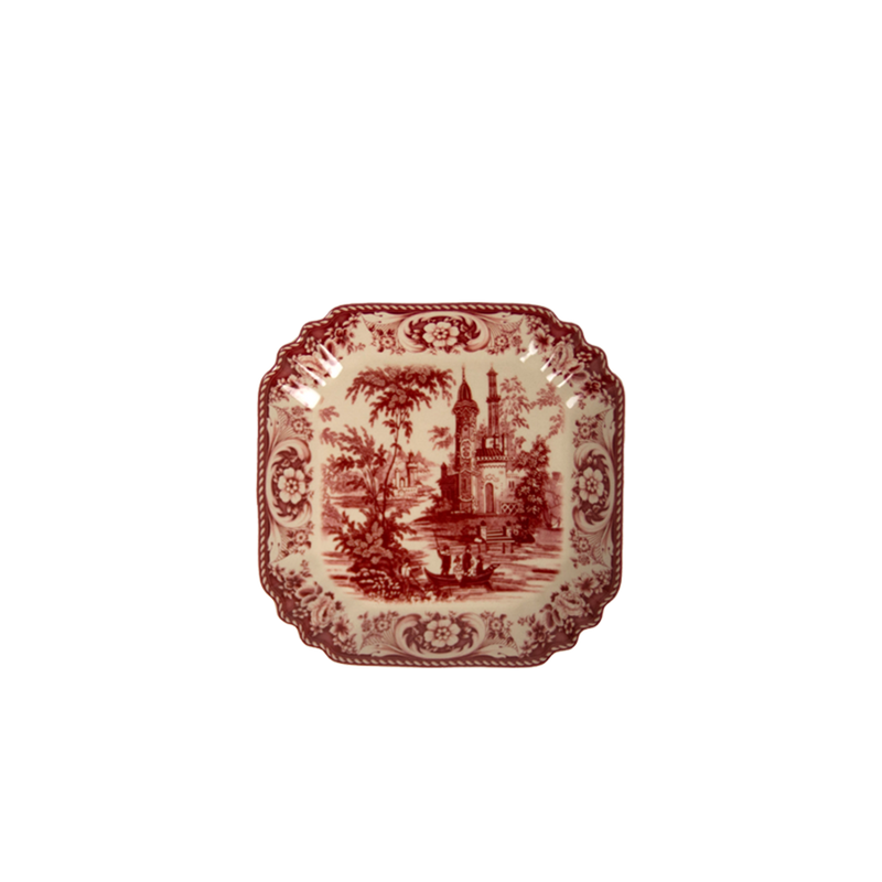Fuente ensalada Estelle Red de cerámica blanca y roja con estampado clásico.