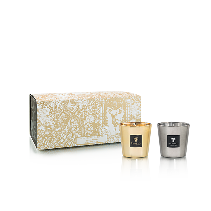 Set de 2 velas en vasos metálicos, presentadas en caja decorativa