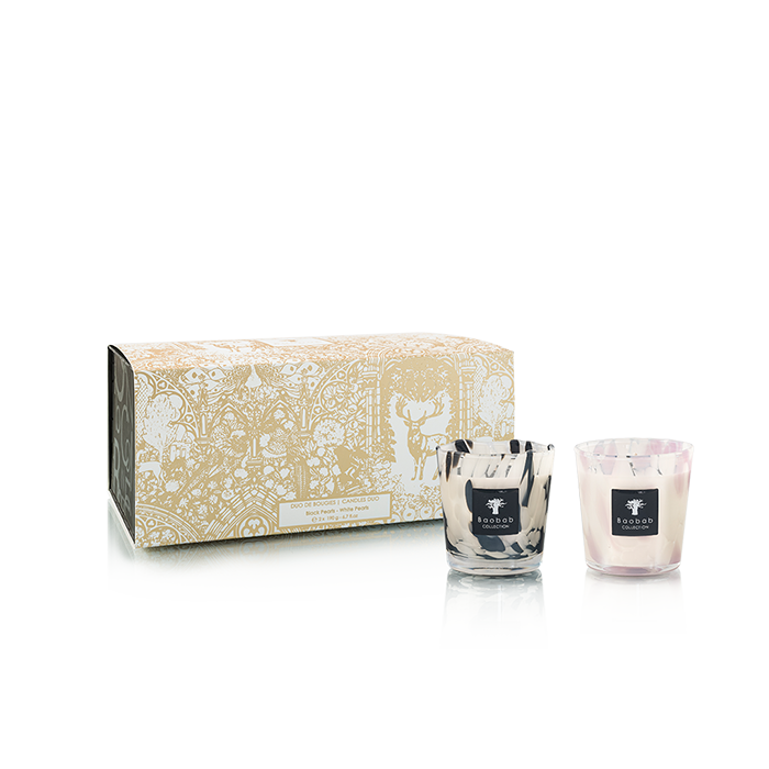 Set de 2 velas Baobab Pearls: frascos de vidrio con diseños negro y rosado