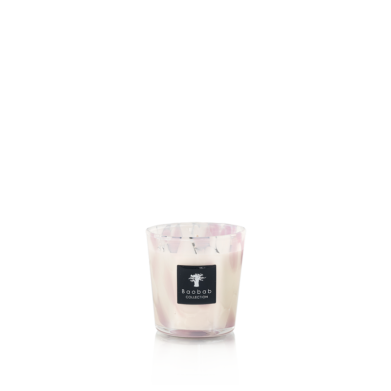 Vela Baobab Pearls en frasco de vidrio con etiqueta Baobab Collection, acabado rosado