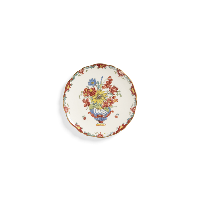Plato de porcelana blanco con flores multicolor y borde marrón