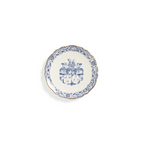 Plato de porcelana blanco con motivo azul de emblema y borde