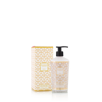 Loción de cuerpo y manos con caja y botella blanca con dispensador negro