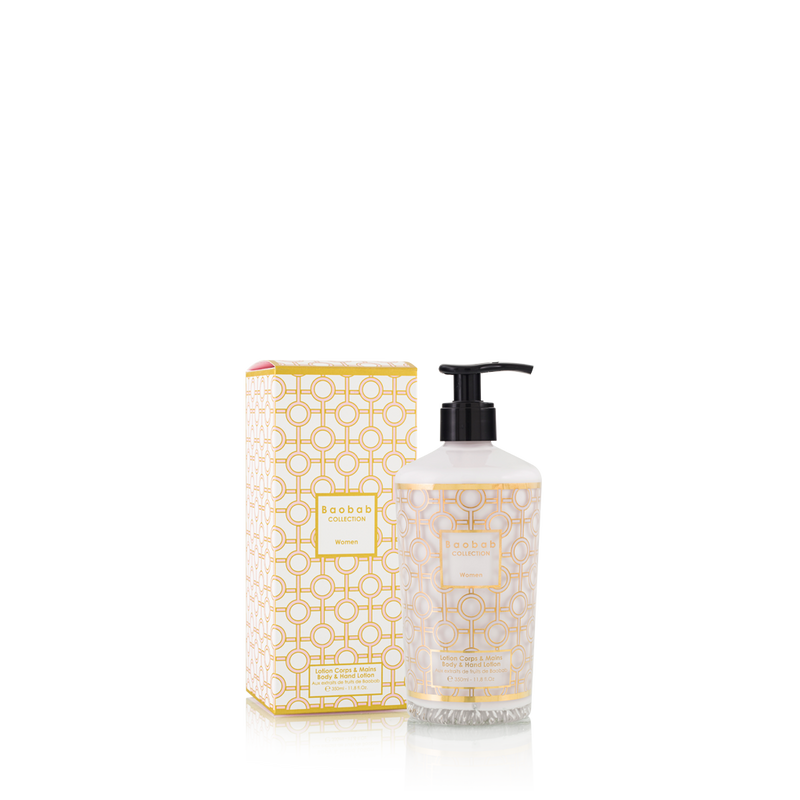 Loción de cuerpo y manos con caja y botella blanca con dispensador negro