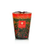 Vela Baobab en vaso alto rojo y verde con flores, etiqueta Baobab Collection al frente