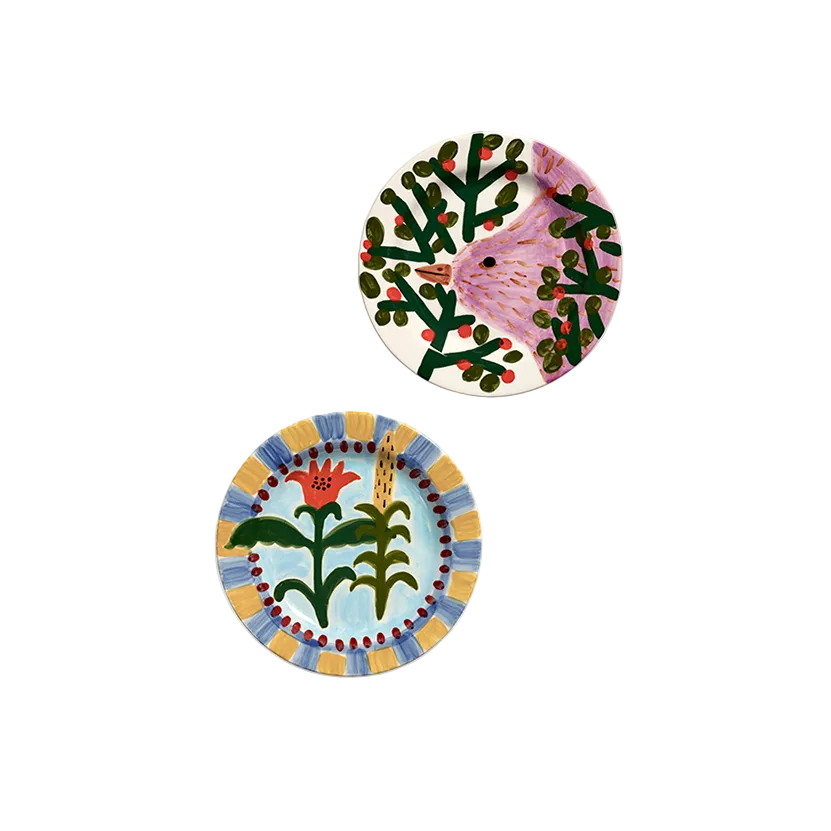Set de 2 platos llanos Jane January, diseño botánico rosado y azul