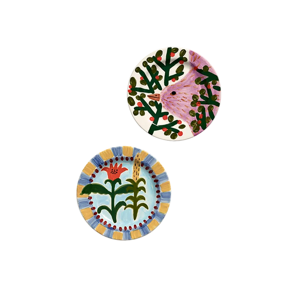 Set de 2 platos llanos Jane January, diseño botánico rosado y azul