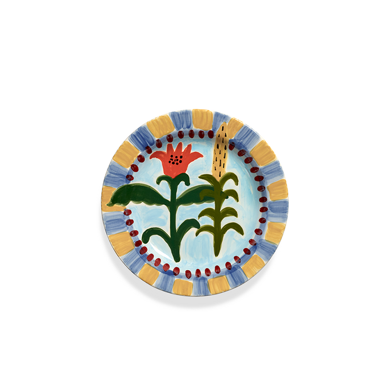 Plato llano Jane January de cerámica, diseño botánico azul y naranja