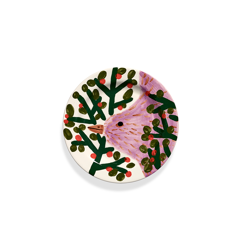 Plato llano Jane January de cerámica, diseño botánico rosado y verde