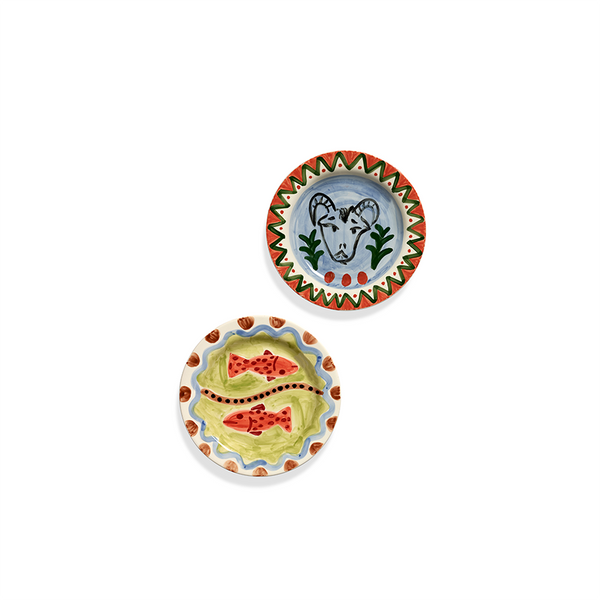 Set de 2 platos llanos Los Amantes con diseños de perro y frutas, redondos