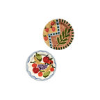Par de platos llanos decorados, diseños de verduras con borde azul y verde