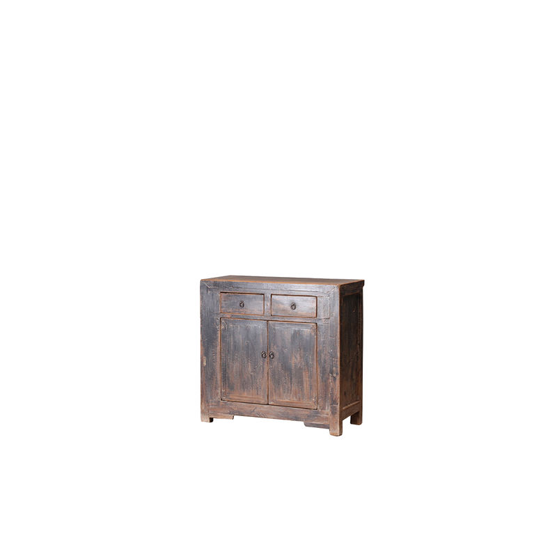 Buffet auxiliar de madera con 2 cajones y 2 puertas, vista lateral.