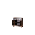 Buffet auxiliar de madera con puertas abiertas y compartimentos interiores.
