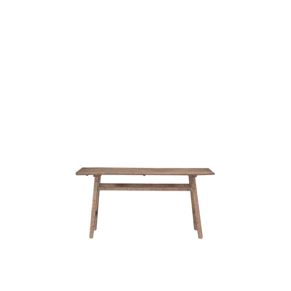 Consola rústica de madera natural con patas de madera y tablero rectangular.