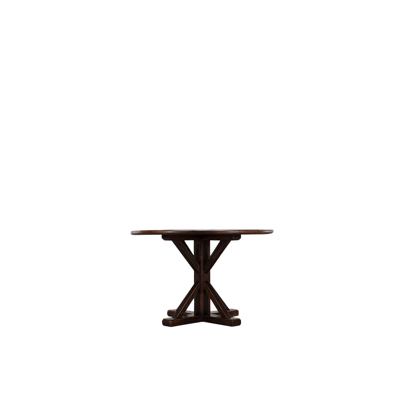 Mesa redonda de madera maciza con base cruzada y sobre oscuro