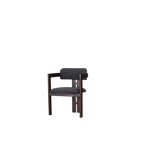 Silla tapizada con brazos, respaldo alto y asiento gris oscuro; patas de madera oscura