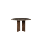 Mesa de comedor redonda con sobre de mármol oscuro y dos soportes de madera