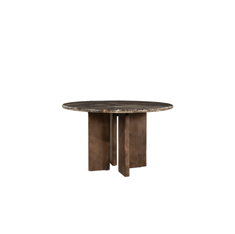 Mesa de comedor redonda con sobre de mármol y base de madera tipo pedestal