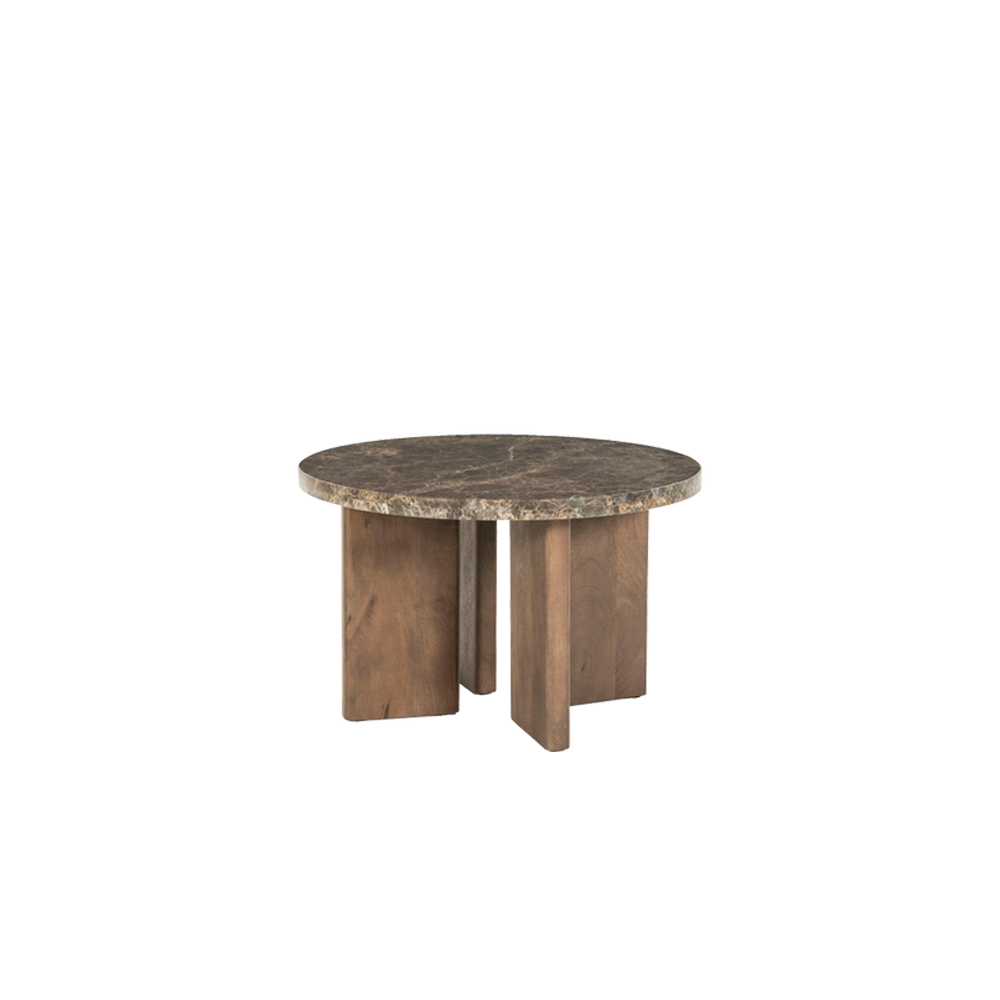 Mesa redonda de mármol con tapa marrón veteada y patas de madera, diseño con hueco central