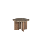 Mesa redonda de mármol con tapa marrón veteada y patas de madera, diseño con hueco central