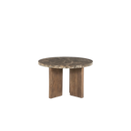Mesa redonda de mármol marrón veteada con patas de madera y base abierta bajo la tapa