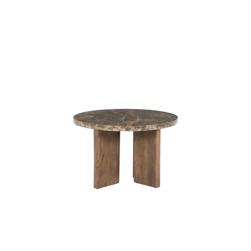 Mesa redonda de mármol marrón veteada con patas de madera y base abierta bajo la tapa