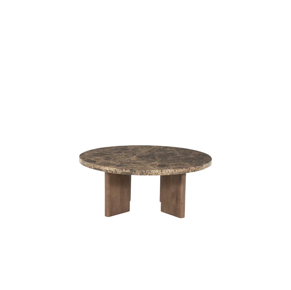 Mesa redonda de mármol con sobre beige jaspeado y patas de madera marrón