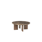 Mesa redonda de mármol con sobre beige moteado y patas de madera marrón