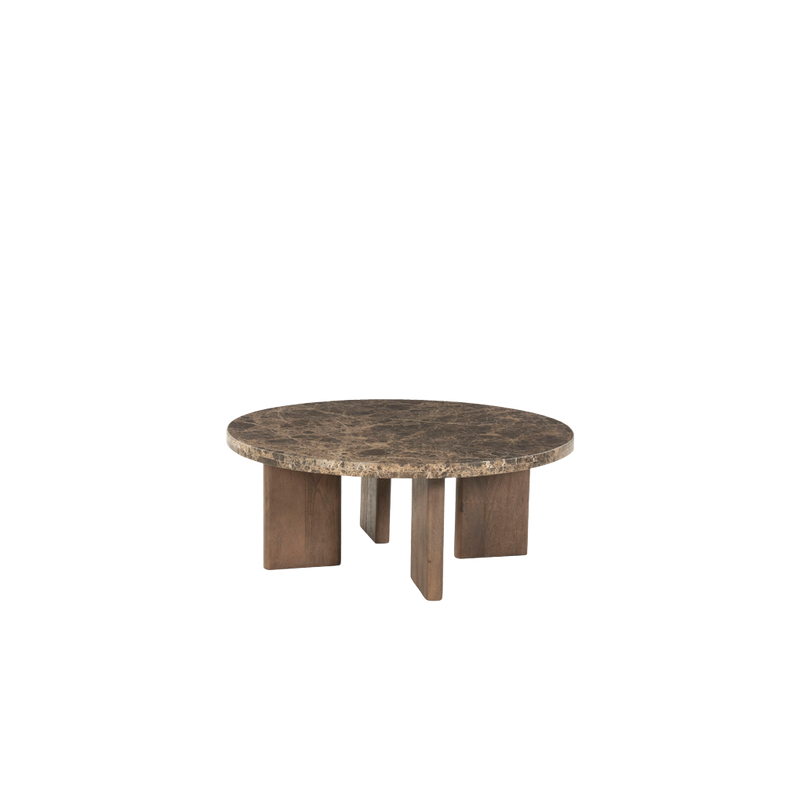 Mesa redonda de mármol con sobre beige moteado y patas de madera marrón