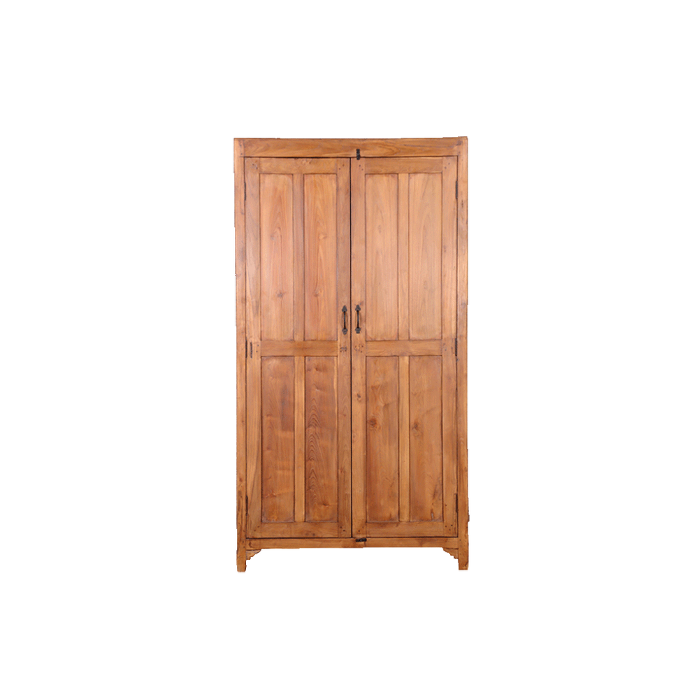 Armario de madera de teca con puertas dobles y tiradores metálicos