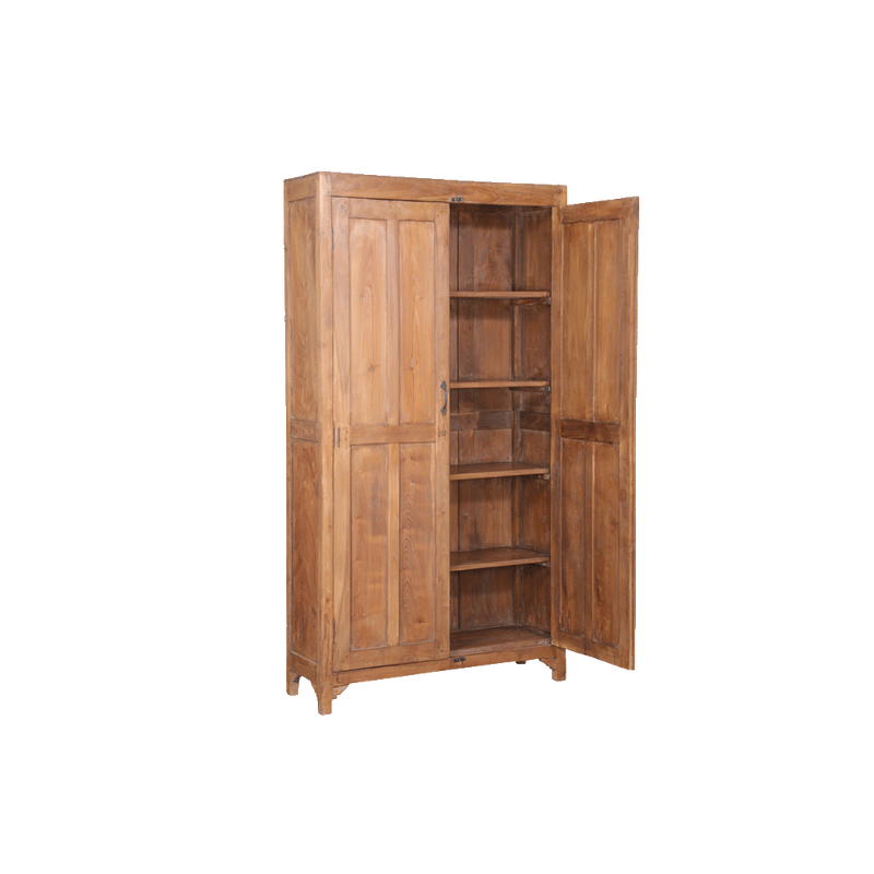 Armario de teca de madera con interior abierto y estantes