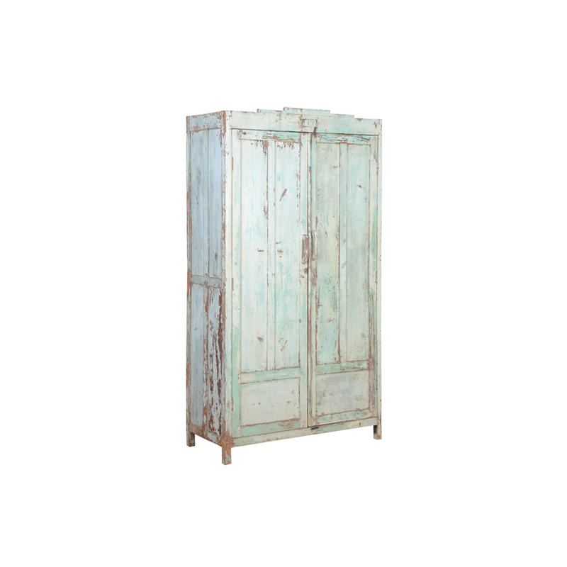 Armario de madera de teca azul claro con dos puertas y patas de madera.