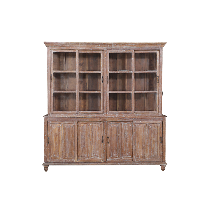 Vitrina de madera de teca con puertas y estantes de vidrio en la parte superior