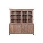 Vitrina de madera de teca con puertas y estantes de vidrio en la parte superior
