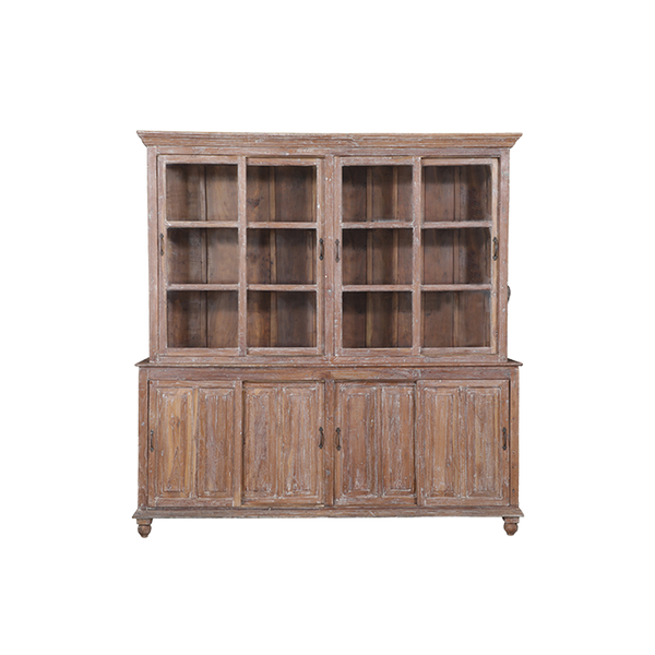 Vitrina de madera de teca con puertas y estantes de vidrio en la parte superior