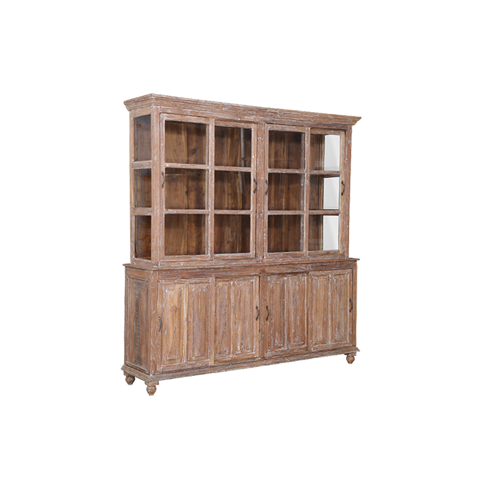 Vitrina de madera de teca con paneles de vidrio y puertas inferiores de madera