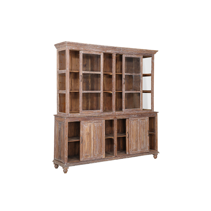Vitrina de madera de teca con puertas inferiores y compartimentos interiores
