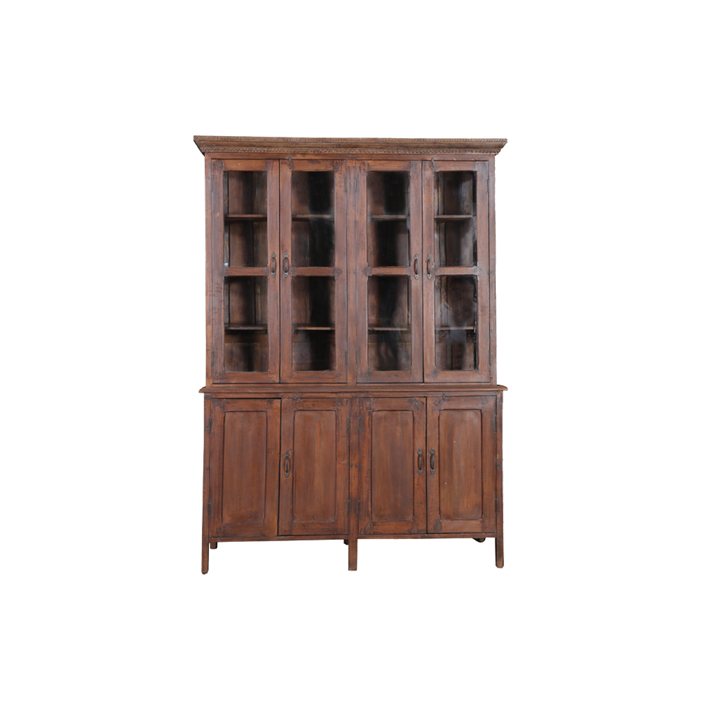 Vitrina de madera marrón con puertas de cristal y armario inferior