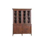 Vitrina de madera marrón con puertas de cristal y armario inferior
