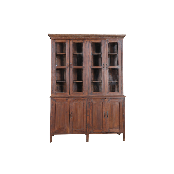 Vitrina de madera marrón con puertas de cristal y armario inferior