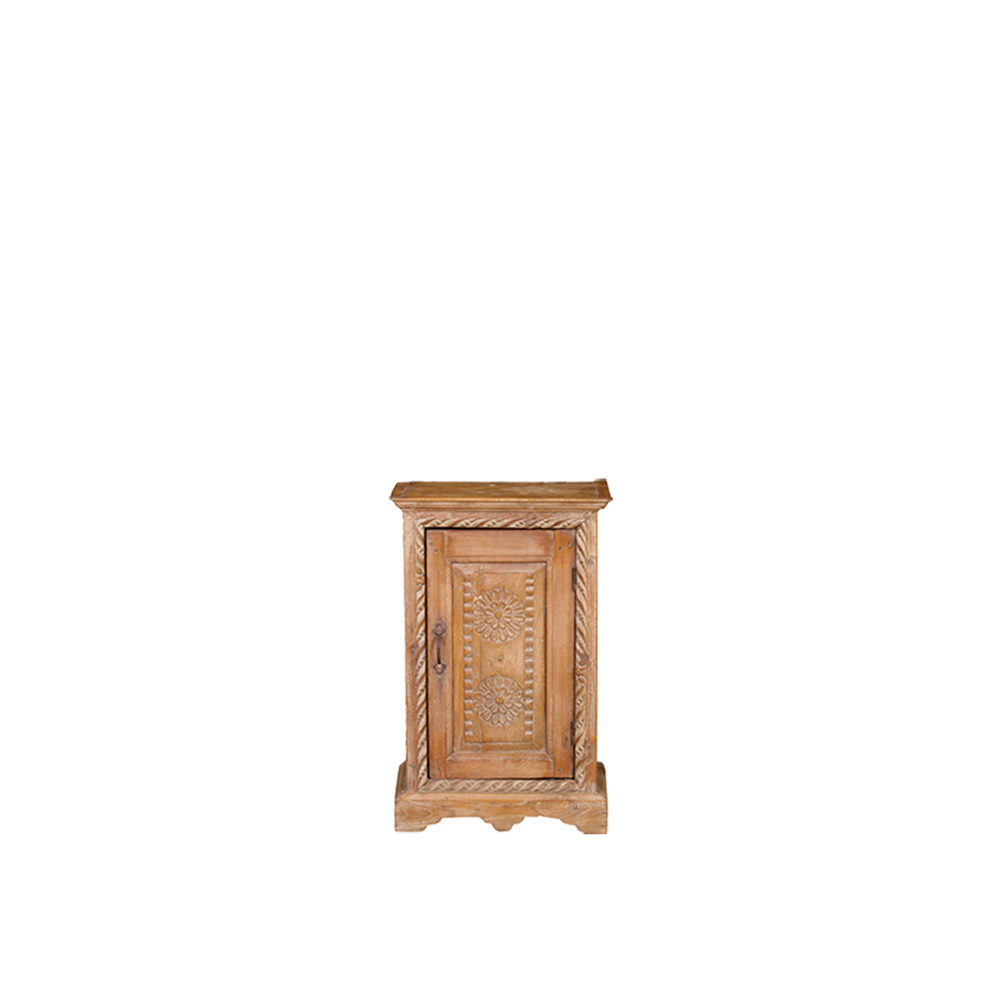 Mesita de noche de madera teca con puerta tallada y tirador