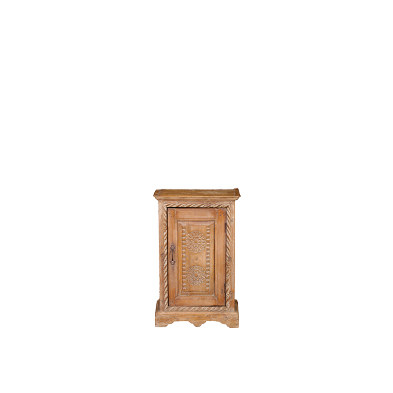 Mesita de noche de madera teca con puerta tallada y tirador