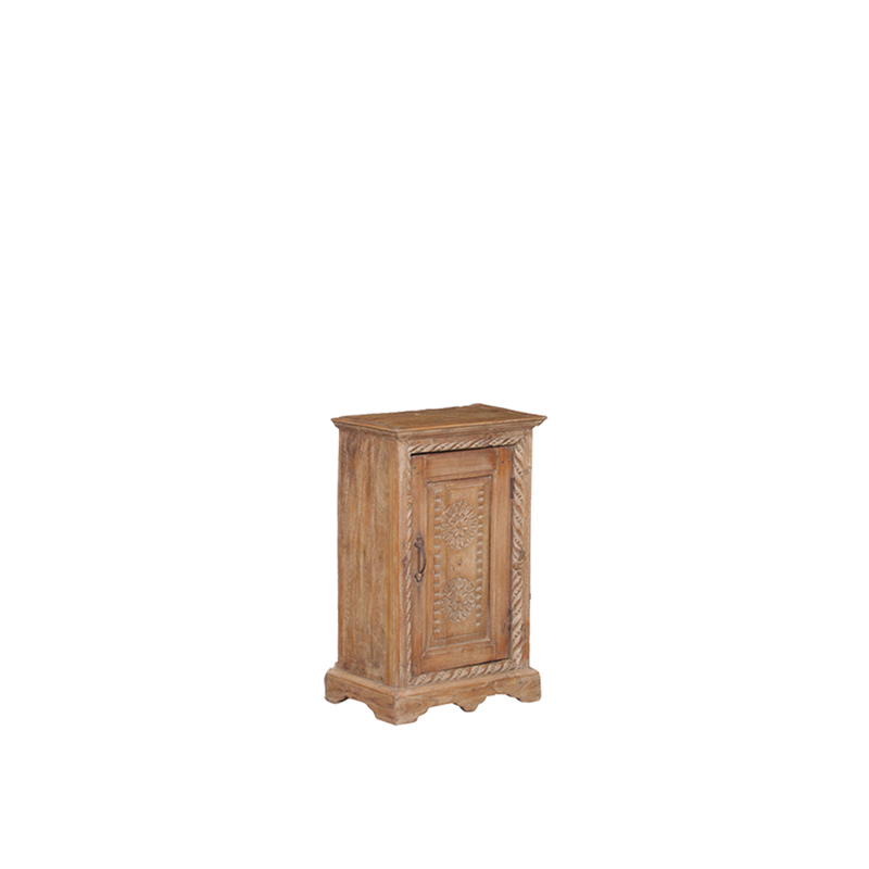 Mesita de noche de madera teca con panel frontal decorado y patas