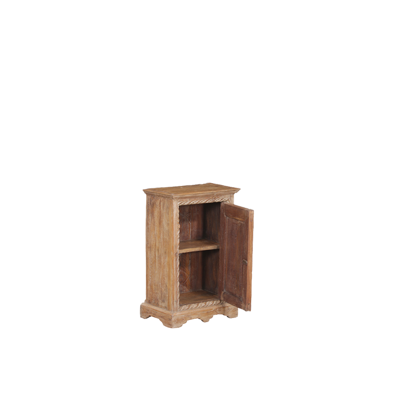 Mesita de noche de madera teca con interior abierto y repisa