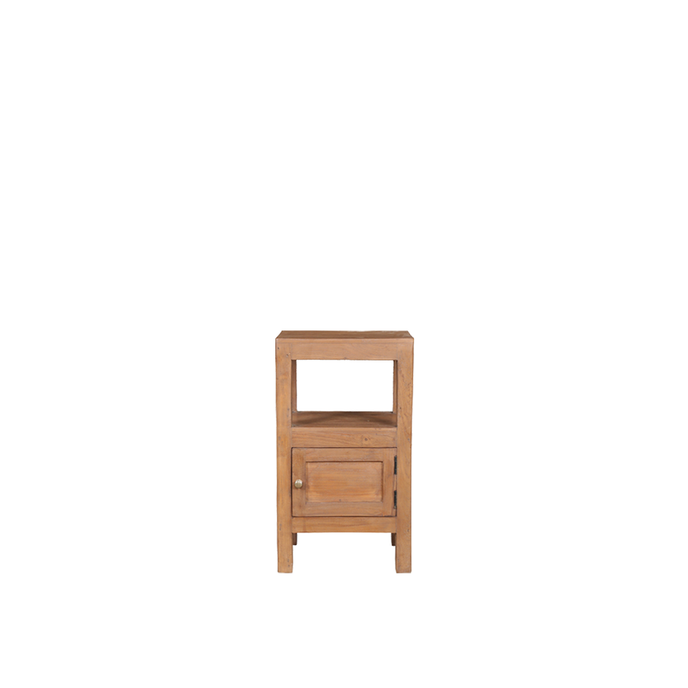 Mesita de noche de madera maciza con puerta y tirador metálico, color teca