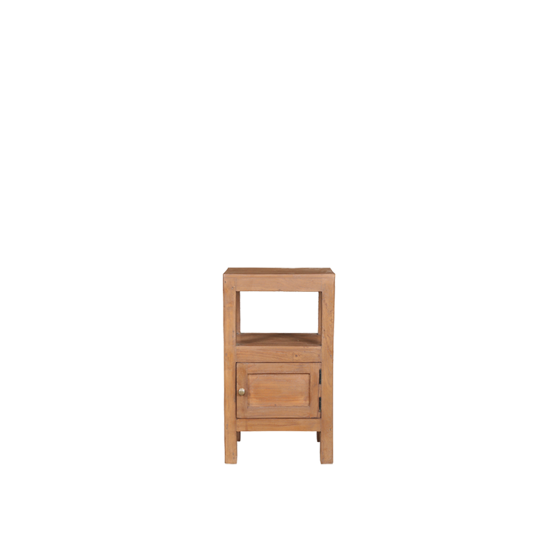 Mesita de noche de madera maciza con puerta y tirador metálico, color teca