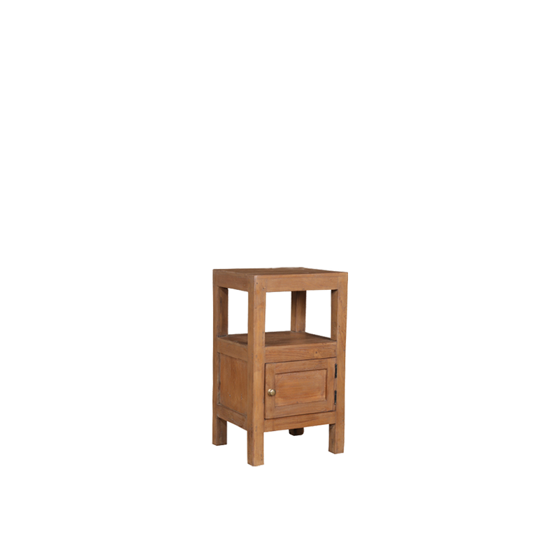 Mesita de noche de madera con puerta abatible y pomo metálico en el frente