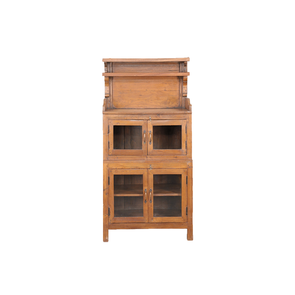 Vitrina de teca con puertas de cristal y compartimentos
