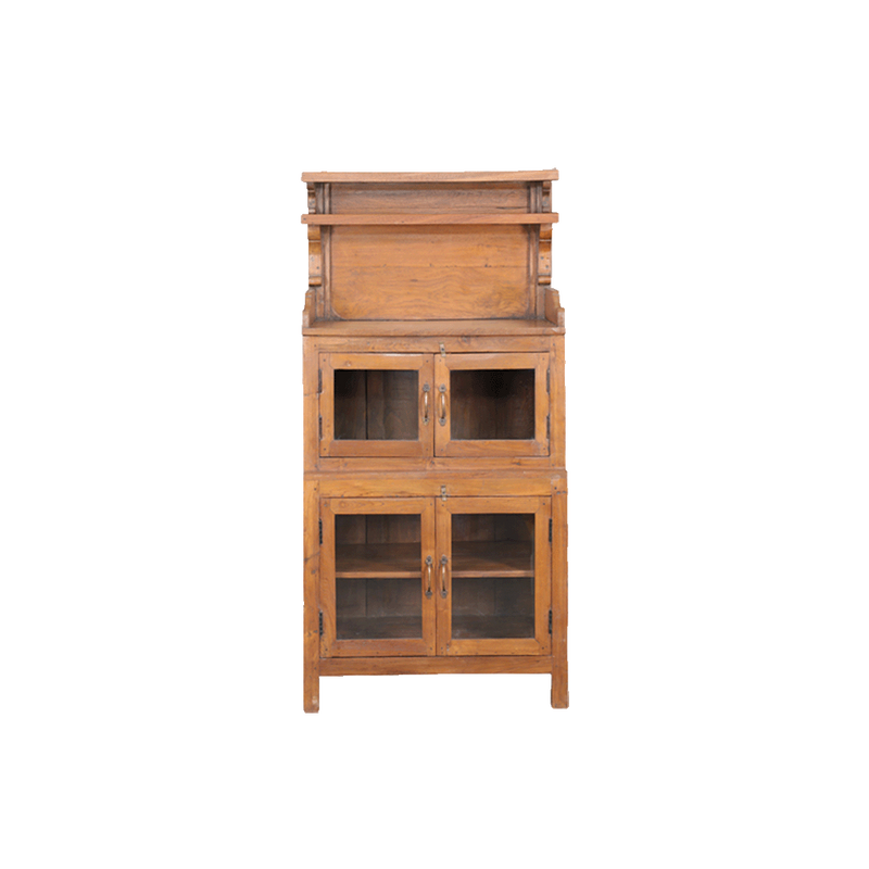 Vitrina de teca con puertas de cristal y compartimentos