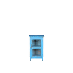 Vitrina de madera azul con dos estantes y puerta con panel transparente